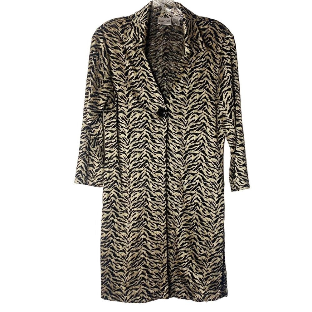 Chico's Gold Black Single Button Animal Print Duster Jacket Women’s Size Small